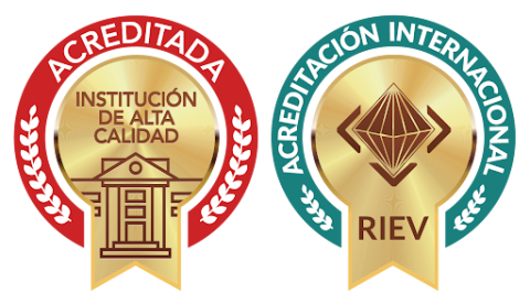 Dos sellos de acreditación institucional: uno de institución de alta calidad acreditada y otro de acreditación internacional RIEV